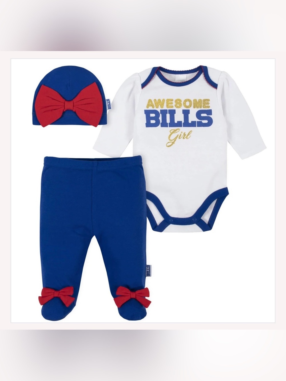 3 Piece Babygirl Buffalo Bills Bodysuit, Footed Pants and Cap Set❤️